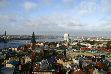 Fototapeta premium The View of the Vansu Bridge and Kipsala Area from the Riga Old Town