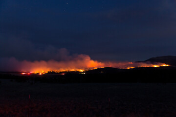 Night photo of raging wildfire in Colorado, USA