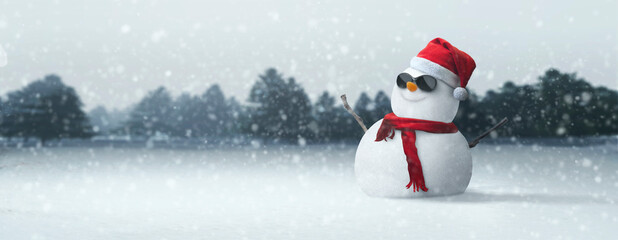 Concept - happy snowman in sunglasses and santa hat in the north pole snow on Christmas day