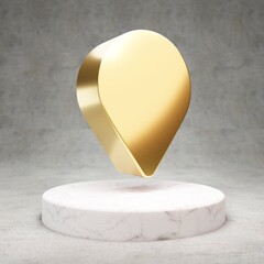 Map Marker icon. Shiny golden Map Marker symbol on white marble podium.