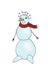 snowman in a knitted scarf, graphic color drawing on a white background