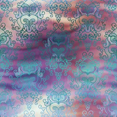 Shiny damask pattern on wavy satin like material. High quality illustration. Graceful smooth fluid background design with classic damask hand drawn pattern overlay. Vivid glowing trendy backdrop.