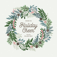 Christmas wreath with holly berries, mistletoe, pine and fir branches, cones, rowan berries. Xmas and happy new year postcard. Vector illustration, holiday invitation