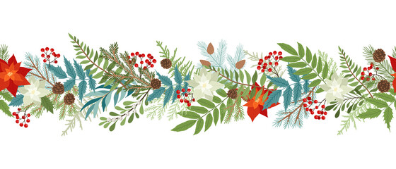 Seamless Christmas border with winter plants and floral, poinsettia, holly berries, mistletoe, pine and fir branches, cones, rowan berries. Xmas and New Year vector illustration. Vector illustration