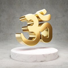 Om icon. Shiny golden Om symbol on white marble podium.