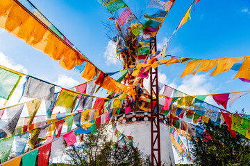 Prayer flags in the scenic spot of Songzanlin Temple in Shangri-La, Yunnan, China