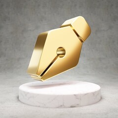 Pen Nib icon. Shiny golden Pen Nib symbol on white marble podium.