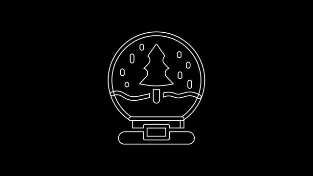 White line Christmas snow globe with fallen snow and christmas tree icon isolated on black background. Merry Christmas and Happy New Year. 4K Video motion graphic animation