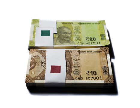 Indian 20rupees Currency Note Bundle Top View Isolated On White.