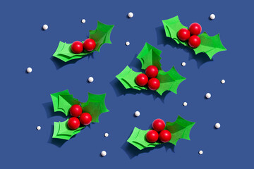 Christmas holly berries - Paper craft - flat lay