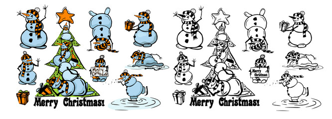 A set of cute snowmen. Vector illustration