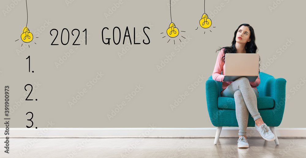 Wall mural 2021 goals with young woman using a laptop computer