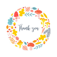 Thank you card template design with leaves, mushrooms, acorns and berries.