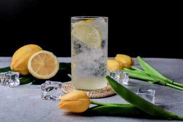Lemonade. Drink with fresh lemons in fizzy sparkling water, juice refreshment. Lemon cocktail with juice and ice.
