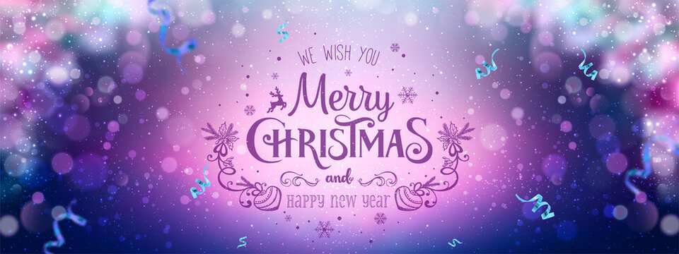 Merry Christmas and New Year text lettering on neon holiday background with blue ribbons, sparkles, glitter pink confetti, bokeh and glowing lights. Xmas card. Vector Illustration banner