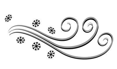 A pattern of snowflakes and a decorative swirling snowstorm line. Black and white vector image