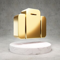 Suitcase icon. Shiny golden Suitcase symbol on white marble podium.