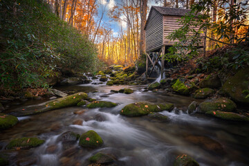 Water mill next to stream in autumn in smoky mountains © jdross75