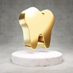 Tooth icon. Shiny golden Tooth symbol on white marble podium.