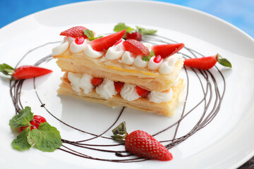 Strawberry Mille Feuille cake in white plate