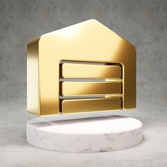 Warehouse icon. Shiny golden symbol on white marble podium.