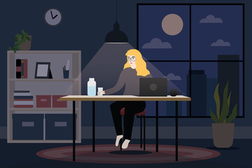 Woman stay home and safe working late until night and light above the table in the working room.