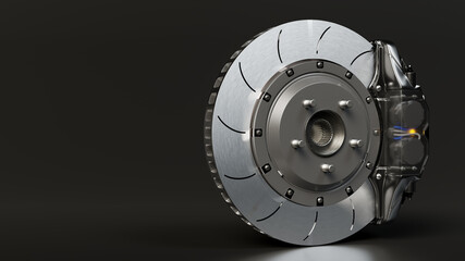 Brake Disc and Black Calliper on dark night background. Brake from Racing car and copy space for your text. 3D Render.