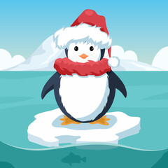 Penguin design with santa claus cap at christmas