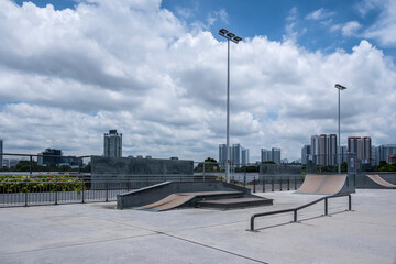 Empty Street Style Skatepark On A Sunny Day, In Singapore. Stock Photo.