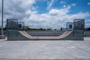 Empty Street Style Skatepark On A Sunny Day, In Singapore. Stock Photo. - obrazy, fototapety, plakaty