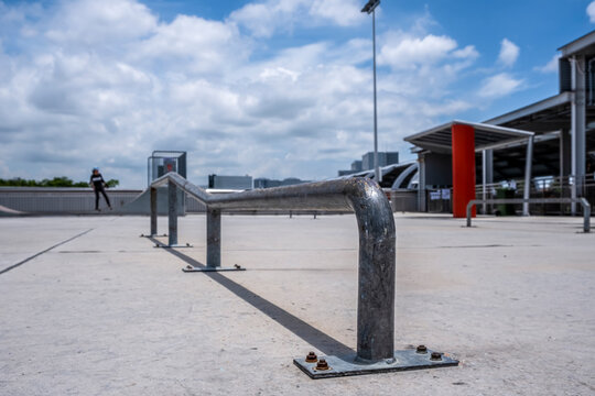 Close Up Of A Rail In AnEmpty Street Style Skatepark On A Sunny Day, In Singapore. Stock Photo.