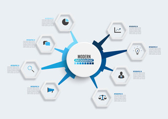 Vector infographic template with 3D paper label, circles. Business concept with 8 options. For content, diagram, flowchart, steps, parts, timeline infographics, workflow, chart.