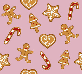 Christmas gingerbread cookies seamless pattern. Vector illustration