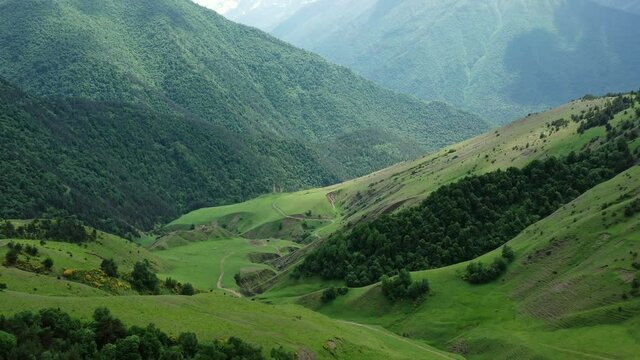 Aerial view of medieval tower complex in the mountains of Ingushetia, Russia, 4k