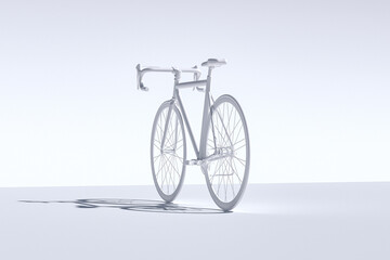 white bicycle on white background. Abstract Image of White Painted Racing Bicycle, Low rear View, Isolated Against White. Illustration, Created in 3d Software. 3d Render.