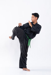 men wearing pencak silat uniforms with green belts perform defensive leg movements from kicks on the isolated background