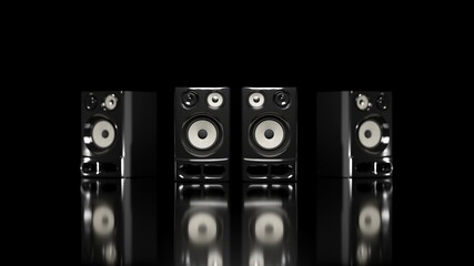 High fidelity professional loudspeakers on black background. Digital 3D render.