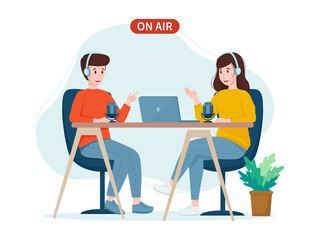 Vector illustration: podcast concept. Podcasters man and woman in headphones talking into a microphone while recording a podcast.
