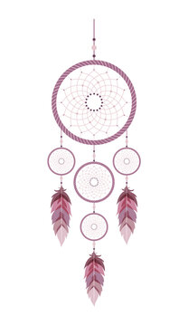 Dream catcher with mandala and feathers. Hand drawn indian talisman. Ethnic bohemian design element. Vector hipster illustration isolated on white background. Flat boho style.