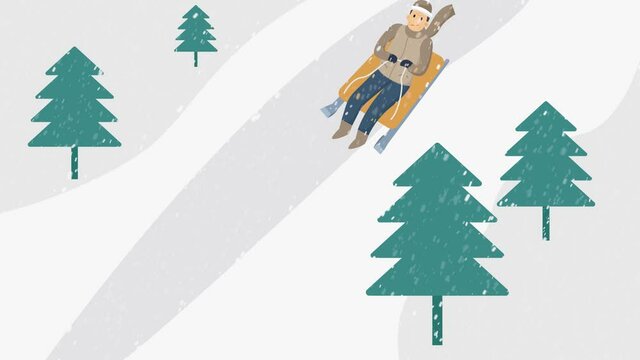 Happy man riding a sledding and sliding in snow hill