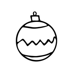 Vector Christmas outline tree ball. Element of New year and xmas design in doodle style, isolated. Simple hand drawn illustration for greeting cards, calendars, prints, childrens coloring book