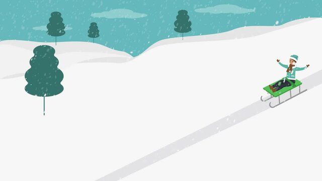 Happy young man riding a sledding on snowy hill