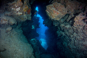 Fototapeta na wymiar An underwater cave on the reef