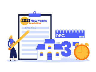 New Year resolution vector concept: Woman writing 2021 new year resolution list to buy new home on clipboard