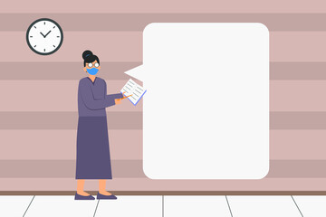 Copyspace vector concept: Female teacher or lecturer wearing facemask holding a book standing next to a blank text bubble for your text