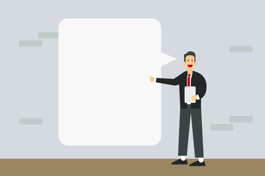 Copyspace vector concept: Businessman wearing facemask holding a digital tablet standing next to a blank text bubble for your text