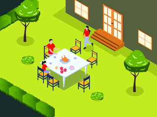 Garden party isometric vector concept: Mother preparing BBQ party on the backyard