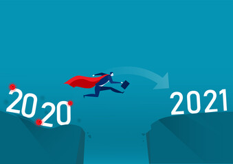 Business people jumping from year 2020 COVID-19 virus to new year 2021. invest concept vector