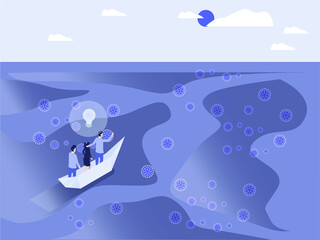 New normal business vector concept: Business people wearing facemask sailing with a paper boat surrounded by corona virus