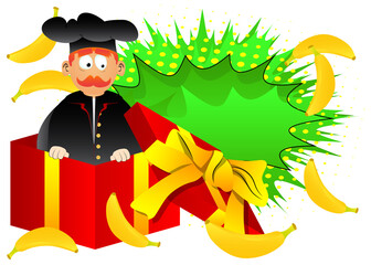 Fat male cartoon chef in uniform in a gift box. Vector illustration of a Christmas Cook.